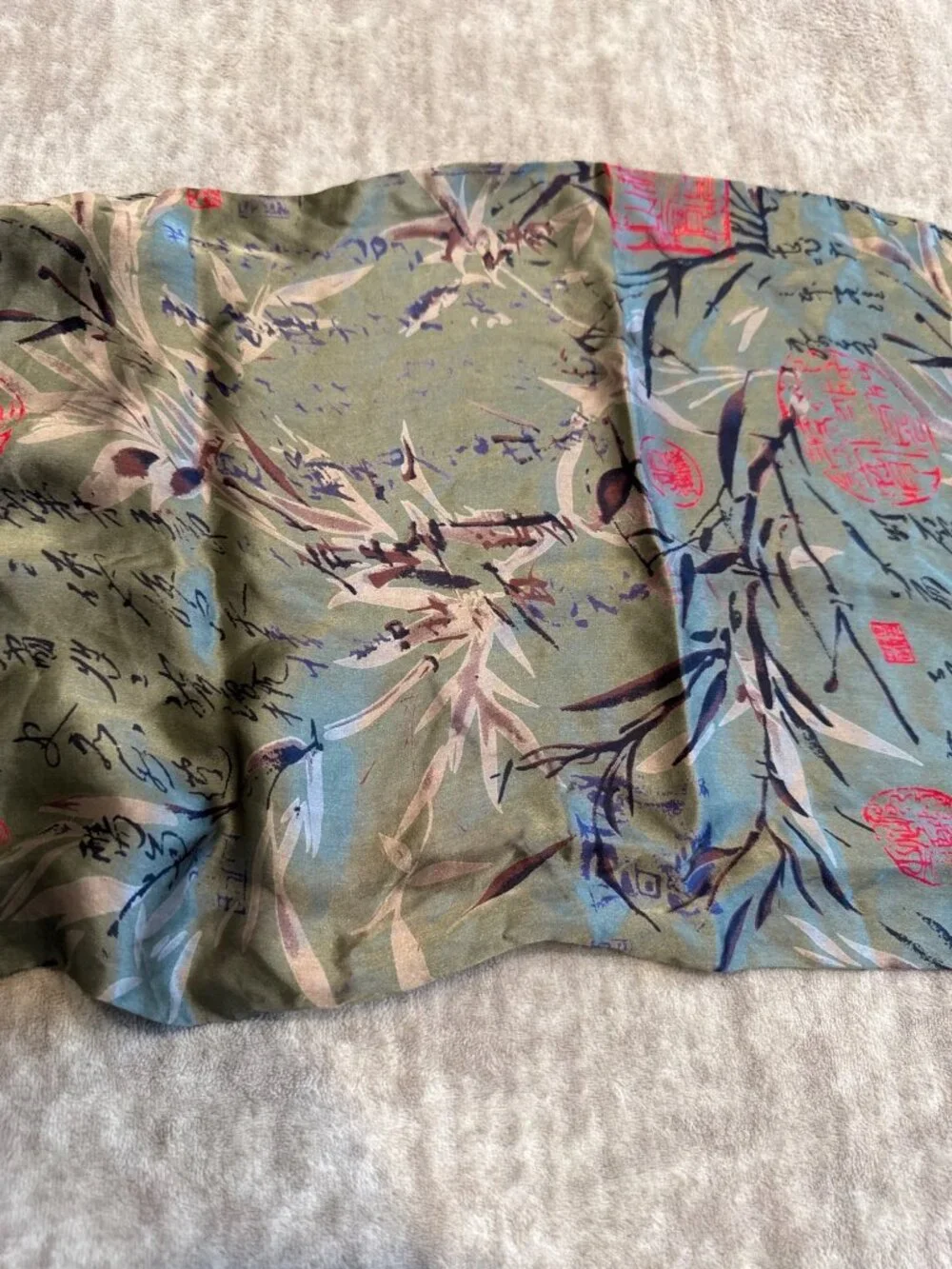 Japanese Floral Delicate Earthy Crunchy Green Luxury Silk Scarf with Fringe